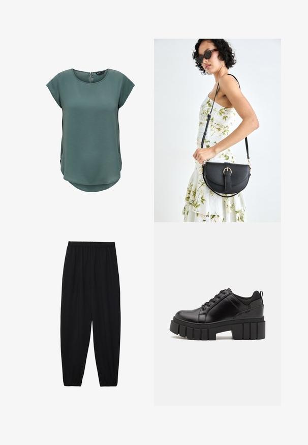 Zaļš īsām piedurknēm tops, izgatavots no teksturēta auduma. Iedarbīgs ar apaļu kakla izgriezumu un diskretu rāvējslēdzēju aizmugurē, ar nedaudz izliekta hemu.; Melnas, vieglas bikses ar elastīgu jostu un savilktiem potītiem. Audums ir gluds un to raksturo brīva, sašaurināta forma.; Melnas ādas platformas kurpes ar masīvu bloku papēdi, apaļu purngalu un tradicionālu saistīšanas dizainu. Izceļas ar gludu tekstūru un minimālu apdari.; Melnas ādas rokassoma ar izliekta formu, noņemamu siksnu un zelta aksesuāriem. Somai ir vāciņš ar sprādzes detaļu.