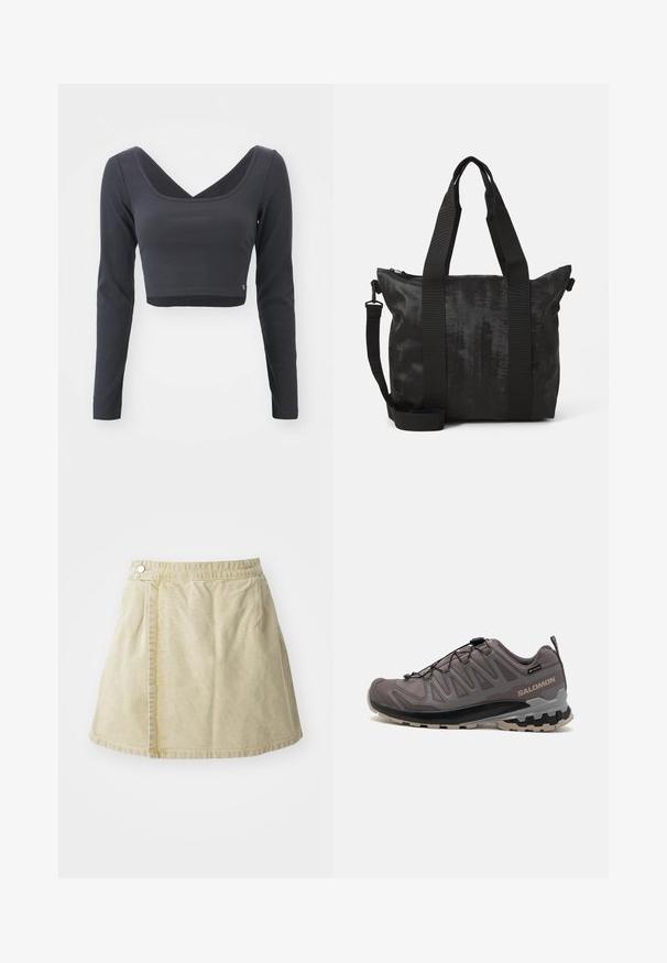 Top corto de manga larga en tejido de canalé gris oscuro. Presenta un escote en V profundo y un color sólido con un pequeño logo en el dobladillo.; Minifalda caqui hecha de tela suave, con un cierre de botón lateral, textura lisa y una silueta ligeramente acampanada con un dobladillo por encima de la rodilla.; Zapato exterior gris con parte superior de malla y sintético, cuello acolchado y suela texturizada con surcos profundos para tracción. Sistema de cordones ajustable.; Bolsa tote negra con tejido texturizado, asas superiores dobles y una correa de hombro desmontable. Cuenta con un cierre con cremallera para un almacenamiento seguro.
