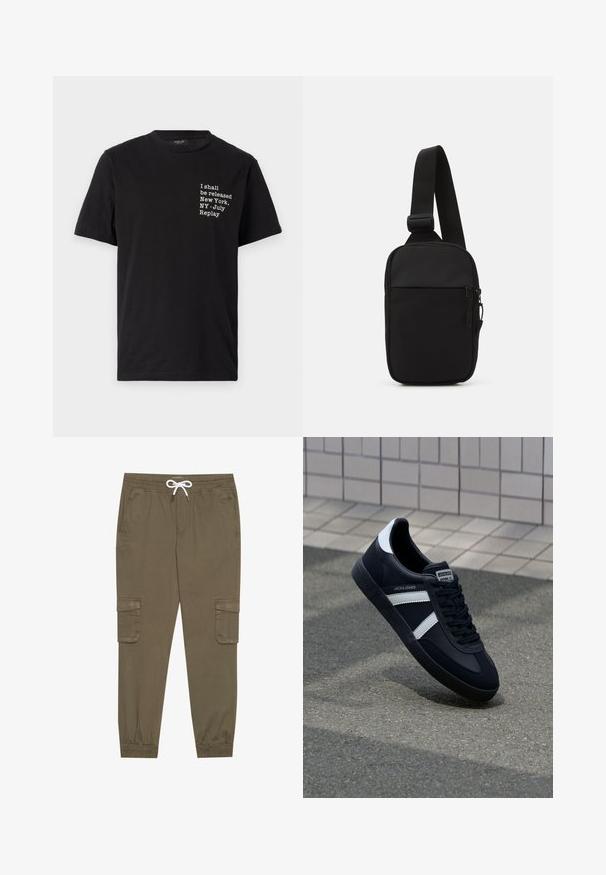 Black cotton t-shirt featuring white text: "I shall be released New York, NY - July Replay," round neckline, short sleeves.; Khaki cargo pants with an elastic waistband and drawstring, featuring side pockets and cuffed ankles. Made from a textured, lightweight material.; Black leather sneaker with white stripes, textured rubber sole, and lace-up front. Features a branded label on the tongue.; Black crossbody bag made of durable fabric, featuring a single adjustable strap, a zippered main compartment, and a front pocket.