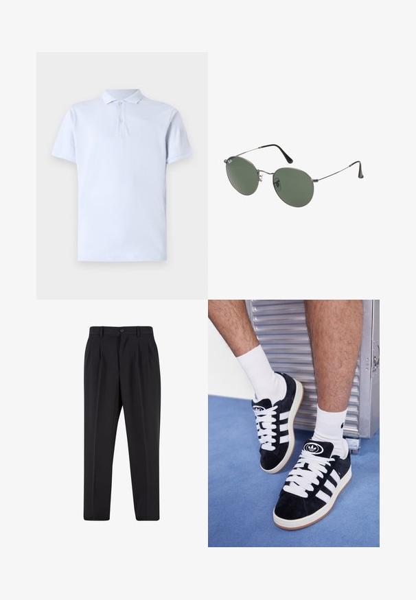 Lyseblå polo skjorte lavet af bomuld, med klassisk krave, korte ærmer, to-knap lukning og ensfarvet tekstur.; Sorte bukser med plisseret frontdesign, lavet af glat stof. Har knaplukning og bæltestropper; lige pasform.; Sorte ruskinds sneakers med hvide snørebånd og tre hvide striber. Har et rundt sort logo på tungen og en gummigummisål.; Metalrammede solbriller med ovale grønne linser. Tynd sølvmetalramme og sorte ørepropper. Minimalistisk design, ingen synlige logoer.