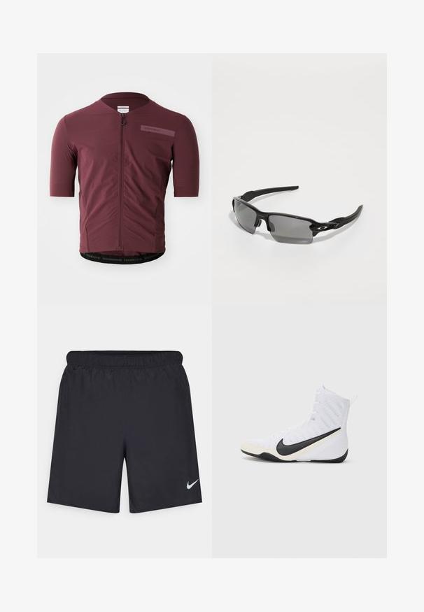 Kratka kolesarska majica s kratkimi rokavi v globoki burgundski barvi, s krožnim zadrgo, teksturirano tkanino in kontrastnim črnim pasom z besedilom "PREMIO EVO" na robu.; Črne atletske kratke hlače iz lahkotnega materiala z elastičnim pasom. Imajo majhen bel Nike logo na spodnji levi strani.; Nike športni čevelj iz belega mrežastega materiala s črnim znakom Swoosh. Ima visok zgornji del, ojačano kapico za prste in teksturiran črn podplat.; Črne športne sončne očala z sivimi lečami, zasnovo ukrivljenega okvirja in podrobnostmi logotipa na strani. Narejena iz lahkega plastičnega materiala.
