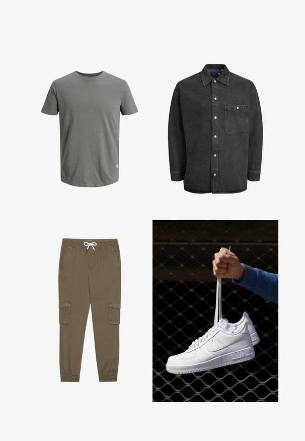 Jack & Jones JJENOA szary; Czarna koszula dżinsowa z długimi rękawami, rozkładanym kołnierzem, zapięciem na guziki z przodu oraz jedną kieszenią na piersi. Posiada srebrne zatrzaski i luźny krój.; Khaki spodnie cargo z elastycznym pasem i sznurkiem, z bocznymi kieszeniami i ściągaczami przy kostkach. Wykonane z teksturowanego, lekkiego materiału.; Białe skórzane sneakersy z perforacjami, okrągłym noskiem, płaską podeszwą i grubymi sznurówkami, z widocznym logo swoosh i napisem „AIR” na pięcie.