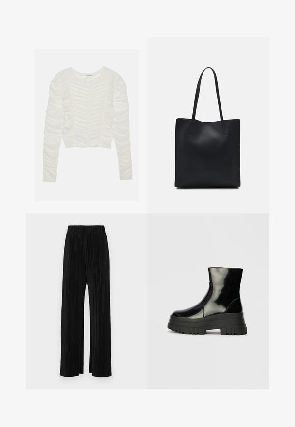 Long-sleeve white top with gathered fabric detailing, round neckline, and a fitted design. Soft, textured material with ruching along sleeves.; Black pleated trousers with an elastic waistband. Features wide legs and a smooth, textured fabric with vertical stripes.; Black glossy ankle boot with thick lug sole and rounded toe, side view on plain light gray background.; Black leather tote bag with smooth texture, rectangular shape, and two long handles. No visible hardware or embellishments.