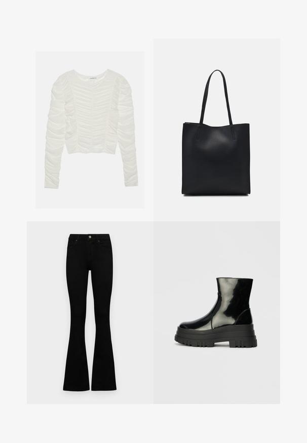 Pitkähiha valkoinen paita, jossa on kerättyä kangasta yksityiskohtina, pyöreä pääntie ja slim fit -malli. Pehmeä, teksturoitu materiaali, jossa on rypytyksiä hihoissa.; Mustat korkeavyötäröiset farkut nappi- ja vetskariyläosalla, etutaskuilla ja levenevillä lahkeilla, asetettuna tasaisesti valkoista taustaa vasten.; Musta kiiltävä nilkkuri paksulla karkealla pohjalla ja pyöristetyllä kärjellä, sivukuva vaaleanharmaalla yksinkertaisella taustalla.; Mustapahkainen kangaskassi, jossa on sileä pinta, suorakaiteen muotoinen ja kaksi pitkää kahvaa. Ei näkyvää metalliosaa tai koristeita.