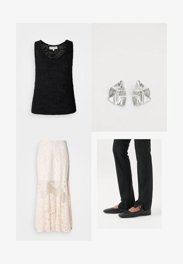 Marc O'Polo SLEEVELESS ROUNDNECK - Top - black; Květinová krajková midi sukně v krémové barvě; obsahuje vrstvený design s průhlednými částmi, texturovanou krajkou a rozšířeným lemem.; Černé kožené baleríny s špičatou špičkou, páskem se stříbrnou sponou, společně s černými kalhotami s úzkým střihem a rozparky na lemech.; Stříbrné kovové náušnice s vlnitým, sochařským designem s leštěným povrchem a nepravidelnými tvary, které zdůrazňují moderní estetiku.