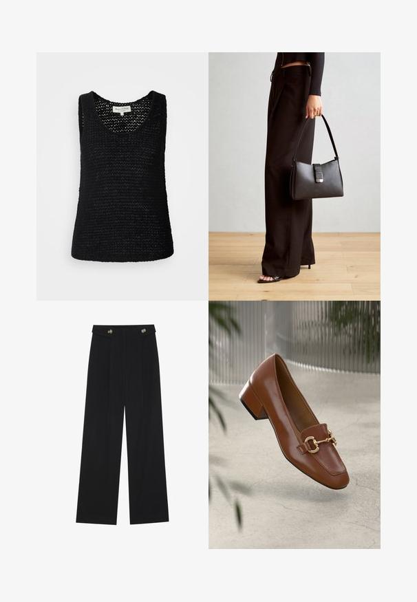 Marc O'Polo SLEEVELESS ROUNDNECK - Tops - black; Melnas platās bikses ar augstu jostasvietu, pogu detaļām uz jostas un priekšējām krokām.; Brūni lakoti ādas loaferi ar kvadrātu purngalu, metālisku ķēdes akcentu un zemu blokveida papēdi; gluda tekstūra, minimālisma dizains.; Melnā somiņa ar strukturētu formu, gludu tekstūru un metālu sprādzi. Saskaņota ar platām melnām biksēm un sandālēm ar atvērtu purngalu uz koka grīdas.