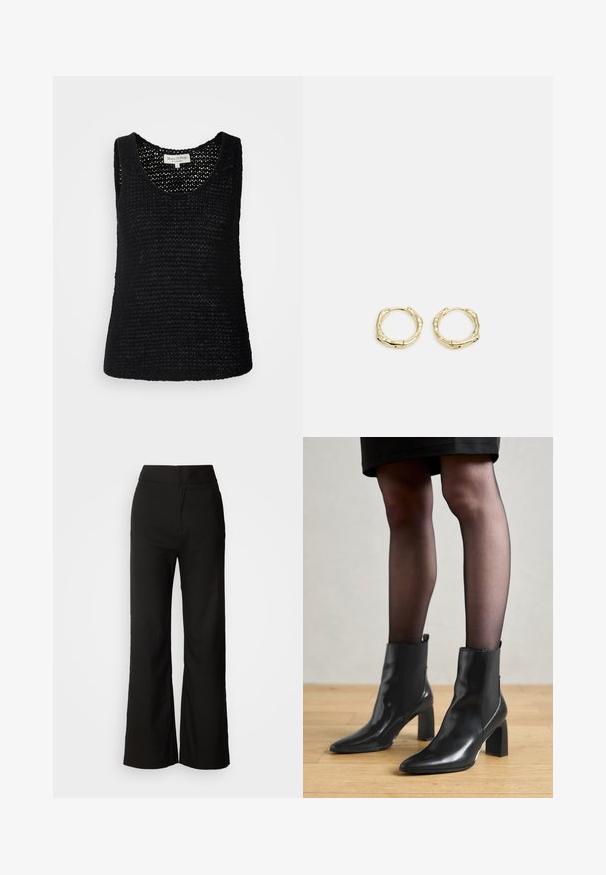 Marc O'Polo SLEEVELESS ROUNDNECK - Viršus - black; Juodos plačios kelnės su lygiu paviršiumi, aukšta liemeni, ir švariu dizainu. Nėra matomų kišenių ar papuošimų.; Juodos odinės aulinės botai su smailiu priekiniu galiuku, masyviu kvadratiniu kulnu ir elegantišku dizainu. Yra elastingos šoninės detalės, kad būtų lengva užsidėti.; Aukso žiedo auskarai su tekstūruotu, netaisyklingu paviršiumi. Yra be siūlių užsegimas ir poliruotas paviršius, akcentuojantis modernų dizainą.