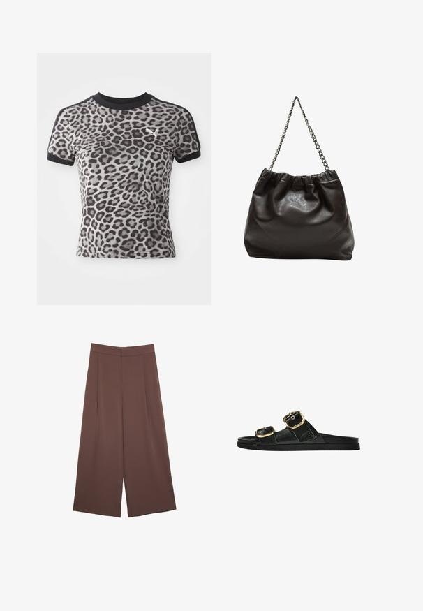 Tričko s krátkym rukávom v leopardom vzore v odtieňoch šedej a čiernej. Obsahuje čierny golier a malé biele logo na hrudi.; Hnedé nohavice so širokými nohavicami a hladkou textúrou, s vysokým pásom a prednými skladmi. Tkanina je ľahká a voľne sa pohybuje.; Čierne šľapky s dvoma zlatými prackami, hladký textúrovaný materiál, plochá podrážka a minimalistický dizajn.; Hnedá kožená taška so zberaným vrchom a reťazovým popruhom. Hladký povrch s lesklým finišom a jemným švom po stranách.