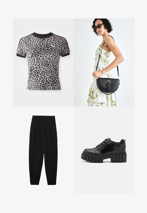 Rövid ujjú leopárd mintás póló szürke és fekete árnyalatokban. Fekete gallérral rendelkezik és egy kis fehér logó található a mellrészen.; Fekete, könnyű nadrág elasztikus derékkal és ráncolt bokákkal. Az anyag sima és laza, szűkített dizájnnal rendelkezik.; Fekete bőr platform cipők vaskos blokk sarkakkal, kerek orral és hagyományos fűzős kialakítással. Simára csiszolt felület és minimális részletezés jellemzi.; Fekete bőrtáska ívelt formával, levehető pánttal és arany színű fémrészekkel. A táskán egy csattal díszített fedél található.