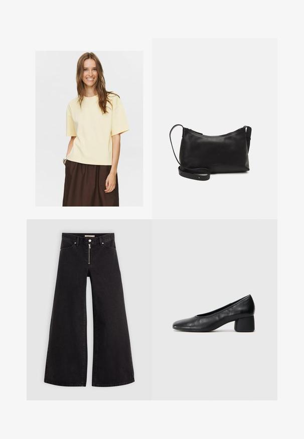 Trumpas rankovėmis geltonas medvilninis marškinėliai su apvaliu iškirpimu, laisvas kirpimas ir minkšta tekstūra, derinamas su rudomis sijonais.; Plačios kojų džinsai iš juodo džinsinio audinio su užtrauktuku priekyje, penkių kišenių dizainu ir subtiliais siuvinėjimo akcentais. Lygus paviršius ir laisvalaikio stilius.; Juodai odiniai aukštakulniai batai su apvaliu pirštu ir vidutiniu bloku. Lygi tekstūra su minimaliu apdailos, turinčia subtilų elastingą atidarymą.; Juodas odinis petinis krepšys su lygiu paviršiumi, išlenkta forma, reguliuojama dirželiu ir užtrauktuku. Minimalistinis dizainas be puošmenų.