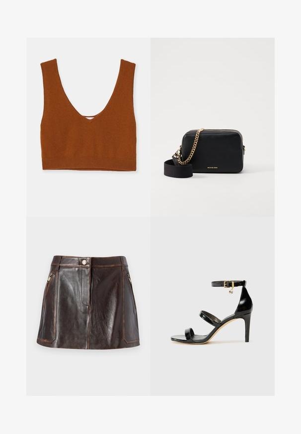 Roostevärvi kootud bralette sügava V-dekoltee, laiad rihmad ja põhi, mis on tihedalt vormitud. Ühtlane tekstuur, ilma lisamustreid.; Must värvi nahast särk nupuga esitasku, terava krae ja kahe rinna taskuga. Omab laia lõiget ja sujuvat tekstuuri.; Pruun nahast miniseelik, millel on stiilne disain, kaks lukuga küljetaskut ja kontrastsed õmblused servade äärtes.; Must musta nahk sandaal kolme rihmaga, pahkluu vööga ja 4-tollise stilettakontsaga. Omab kuldset detaili ja logovõtit.; Musta nahast risti kott kuldsete ahelate aktsentidega, lukuga sulgemine ja eemaldatav kangast rihm. Michael Korsi logo ees.