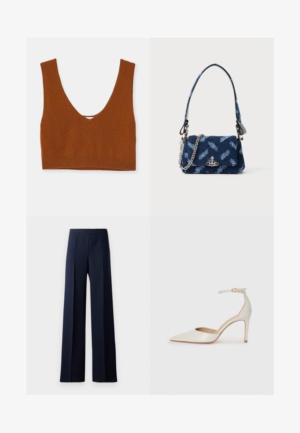 Rudai spalvos megzta braletė su giliu V formos iškirpimu, plačiomis petnešėlėmis ir aptempta juosta apačioje. Visiškai lygi medžiaga be papildomų raštų.; Plati kelnių juodos tamsios spalvos audinys, turintis lygų paviršių, subtilius priekinius raukšlės ir prigludusią liemenėlę, užtikrinančias elegantišką siluetą.; Balti odiniai aukštakulniai batai su smailiu priekiniu galu, kulkšnies dirželiu ir siauru stiletu. Lygi tekstūra su subtiliu blizgiu paviršiumi.; Tamsiai mėlynas audinio rankinukas su tekstūruotu dizainu, sidabrinės spalvos detalėmis ir nuimama grandinėle. Yra užsegimas ant ventiliatoriaus ir logotipo akcentas.