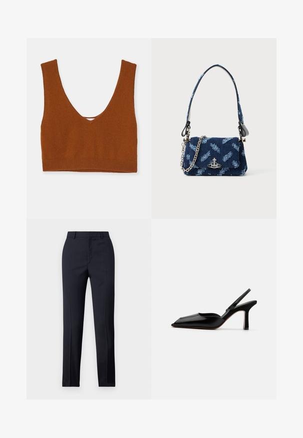 Roostevärvi kootud bralette sügava V-dekoltee, laiad rihmad ja põhi, mis on tihedalt vormitud. Ühtlane tekstuur, ilma lisamustreid.; Tumed kohandatud püksid sirge lõikega, millel on sile tekstuur, kaks esist taskut ja puhas vöökoht.; Must musta slingback-kand käptelastega, terava varvaga, minimalismi disainiga, õhuke pahkluu rihm ja sujuv stiletto-kõrgus. Sile tekstuur.; Tumesinise kangaga käekott, millel on tekstuuriga disain, hõbedased detailid ning eemaldatav kettrihm. Omab klapiga sulgemist ja logo aktsenti.