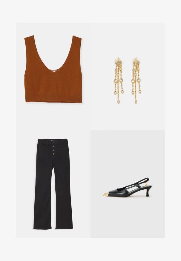 Rustrød strikket bralette med dyb V-hals, brede stropper og en tætsiddende bånd forneden. Glat tekstur uden yderligere mønstre.; Sorte denim flare jeans med høj talje, fem-pockets design og lukning fortil med fire metalknapper.; Sort læderslingback sko med spids tå og guldmetal hætte. Har udskæringsdesign og en slank hæl med justerbar rem.; Guldtonede øreringe med flere kaskadende kæder, der har klare ovale rhinestein-accenter og dekorative studtoppe.
