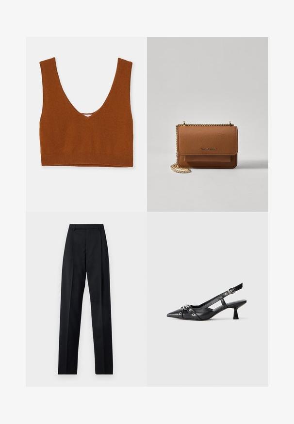 Rust-colored knit bralette with a deep V-neck, wide straps, and a fitted band at the bottom. Smooth texture with no additional patterns.; Black trousers made from smooth fabric featuring a high waist, wide legs, front pleats, and classic belt loops. No side pockets visible.; Black leather slingback shoe with a pointed toe, decorative straps featuring metal eyelets, and a low block heel. Textured surface.; Brown textured leather crossbody bag with gold chain strap and flap closure. Front features logo detail and a pocket under the flap.
