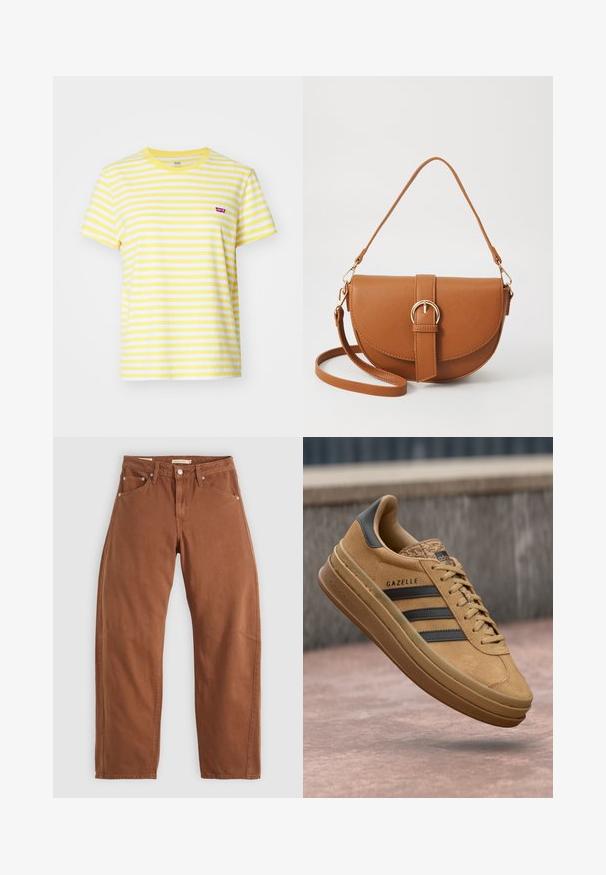 Levi's® Camiseta estampada - sandy/script yellow; Jeans rectos color marrón óxido con bolsillos frontales y traseros, remaches de metal, cierre de botón y trabillas para el cinturón, colocados sobre un fondo blanco.; Zapatillas de ante color tostado con una textura suave, que cuentan con tres rayas oscuras, una puntera redondeada y una suela más gruesa con un borde estampado.; Bolso bandolera de cuero marrón con forma curvada, herrajes dorados y un acento de hebilla. Incluye una correa de hombro desmontable.