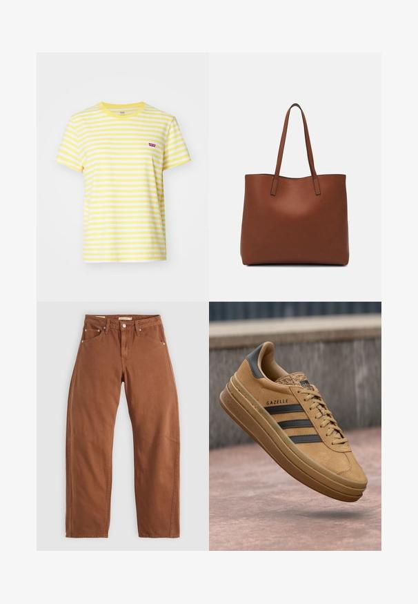 Levi's® Triko s potiskem - sandy/script yellow; Hnědé rovné džíny barvy rezavé s předními a zadními kapsami, kovovými nýty, zapínáním na knoflík a poutky na opasek, ležící rozložené na bílé pozadí.; Světlé semišové tenisky s hladkou texturou, se třemi tmavými pruhy, zaoblenou špičkou a silnější podrážkou se vzorovaným okrajem.; Hnědá kožená taška přes rameno s hladkou texturou, otevřeným designem a dvěma ramenními popruhy. Obsahuje minimální švy a žádné viditelné kovové prvky.