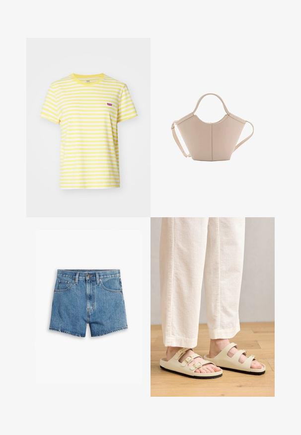 Levi's® Print T-shirt - sandy/script yellow; Denim shorts in light blue, featuring five pockets, a zip fly, and a button closure. The hem is frayed with a relaxed fit design.; Light beige sandals featuring three adjustable straps with metallic buckles, a cushioned footbed, and a black rubber sole.; Beige leather handbag with a unique shape, featuring two short handles and a long adjustable strap. Smooth texture with minimal hardware.