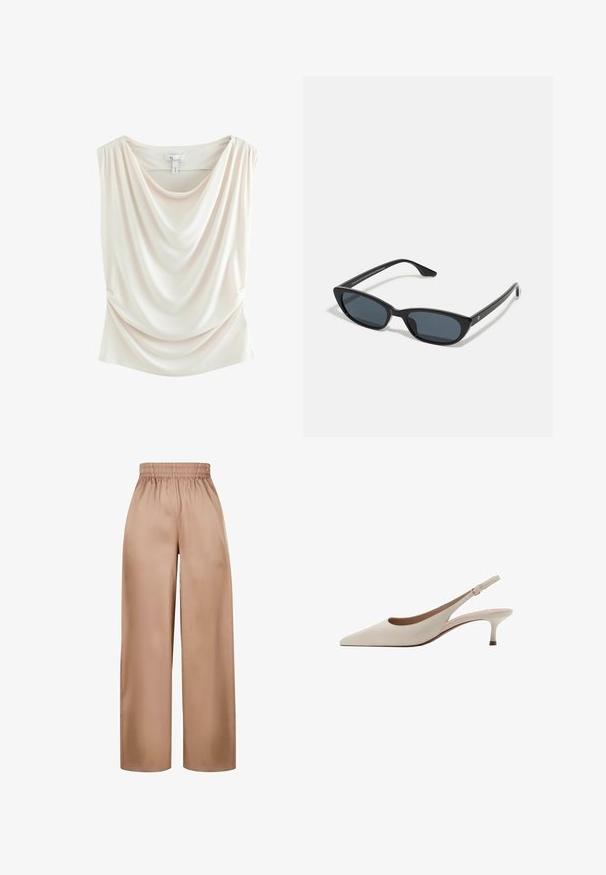 Drapiertes, hellbeiges Oberteil aus weichem Stoff mit einem runden Halsausschnitt, seitlichen Raffungen und glatter Textur. Verfügt über eine reguläre, figurbetonte Silhouette.; Weit geschnittene, hellbraune Hosen aus glattem Stoff mit einem elastischen Bund. Sie verfügen über ein einfaches Design ohne zusätzliche Verzierungen.; Beige Slingback-Absatzschuhe mit spitzer Zehenform und niedrigem, ausgestellten Absatz. Hergestellt aus glattem Leder mit einem minimalistischen Design und verstellbarem Riemen.; Schwarze Cat-Eye-Sonnenbrille mit dunklen Gläsern, Kunststoffrahmen, schlanken Bügeln und dezentem Branding an der inneren Seite des Bügels. Matte Oberflächenstruktur.