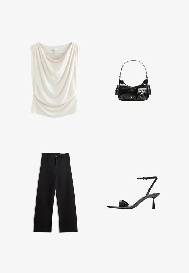 Laza, világos bézs színű, puha anyagból készült felső, kerek nyakkivágással, oldalsó redőkkel és sima textúrával. Normál, testhezálló fazonnal rendelkezik.; Fekete, bő szabású farmernadrág magas derékkal, elülső és hátsó zsebekkel, varrott felületekkel és gombos záródással. Sima textúra.; Bershka Magas sarkú szandálok - black; Fekete lakkbőr kézitáska ívelt formával, egy vállpánttal, elülső zsebekkel és ezüstszínű fémrészletekkel.