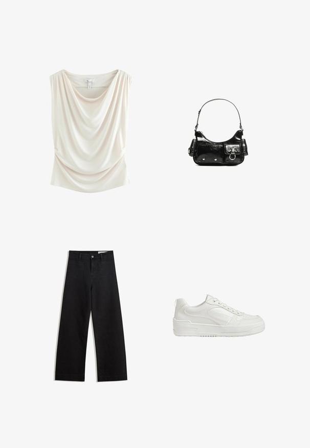 Gebeeldhouwde, lichtbeige top gemaakt van zachte stof met een ronde hals, zijkanten met plooien en een gladde textuur. Heeft een reguliere, aansluitende silhouette.; Zwarte denim broek met wijde pijpen en een hoge taille, voorzien van voor- en achterzakken, gestikte naden en een knoopsluiting. Gladde textuur.; Witte leren sneakers met een gladde textuur, gevoerde enkel en geperforeerde neus. Beschikt over een iets verhoogde rubberen zool en vetersluiting.; Zwarte laarzen in lakleer met een gebogen vorm, één schouderband, voorvakken en accenten in zilverkleurig metaal.