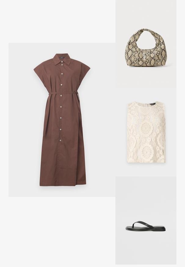 Háčkovaný top v slonovinové barvě, s kulatým výstřihem, bez rukávů a s propracovanými kruhovými a květinovými vzory po celém povrchu. Detail ve tvaru klíčové dírky na zádech.; Hnědé šaty na knoflíky s límečkem, krátkým rukávem, páskem v oblasti pasu a dlouhým, splývavým střihem. Hladká bavlněná tkanina.; Černé žabky vyrobené z hladké kůže, s tenkým designem popruhu a plochou podrážkou s minimálním profilem. Žádné výrazné vzory ani akcenty.; Kabelka s hadím vzorem a zakřiveným držadlem. Vyrobena z texturovaných béžových a hnědých materiálů, s charakteristickým diamantovým vzorem.