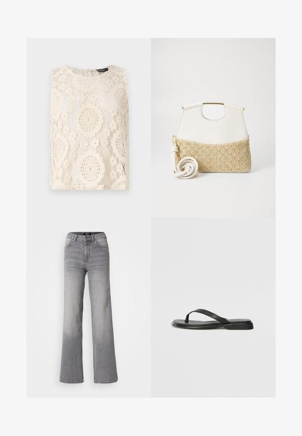 Crocheted top in ivory, featuring a round neck, no sleeves, and intricate circular and floral patterns throughout. Keyhole detail at back.; High-waisted straight-leg gray denim jeans with front button and zipper, front and back pockets, and faded shading on thighs and calves.; Black flip-flop made of smooth leather, featuring a thin strap design and a flat sole with a minimal profile. No notable patterns or accents.; White leather handbag with a textured cream woven fabric bottom. Features a gold-tone handle and a coiled white strap for versatility.