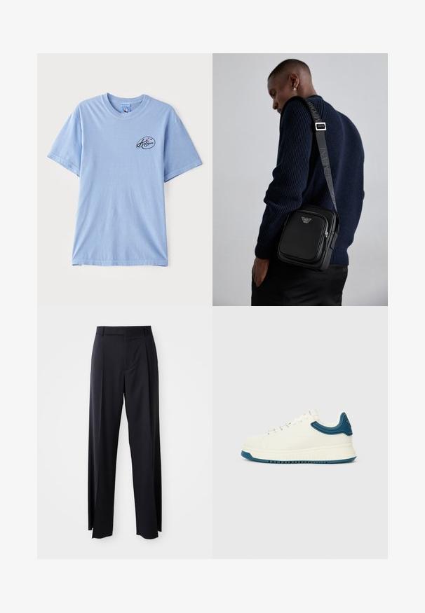 Gaiši zils īsās piedurknes T-krekls, izgatavots no kokvilnas, ar nelielu melnu logotipu ar krāsainiem punktiem uz kreisā krūšu apgabala. Klasiska apaļā kakla dizains.; Melnas, augstās vidukļa bikses ar platām kājām, izgatavotas no gludas auduma. Iezīmē priekšējās krokas un jostas cilpas. Minimalistisks dizains, bez redzamām detaļām.; Baltas sneaks ar gludu virsmu, ziliem teksturēti akcentiem ap apkakli un biezu zoli. Iespējas apaļas auklas un zema dizaina.; Melnas ādas plecu soma ar rāvējslēdzēja nodalījumu, logotipa detaļām un markētu regulējamu siksnu. Valkāta kopā ar teksturētu tumši zilu džemperi.