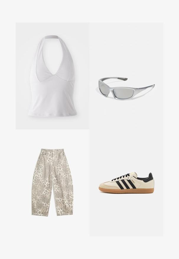 Valkoinen halterneck-toppi, joka on valmistettu sileästä kankaasta, syvällä V-pääntiellä ja istuvalla muotoilulla, ilman lisäkuvioita tai -metalliosia.; Leopardi kuosia olevat housut vaaleassa beigen värissä, joissa on korkea vyötärö, leveät lahkeet ja kaksi etutaskua. Valmistettu sileästä kankaasta.; Beige urheilukenkä mustilla raidoilla, kumipohjalla ja mustilla yksityiskohdilla. Ominaisuuksiin kuuluu sileä nahkainen päällinen ja pyöristetty kärjen muoto.; Harmaat aurinkolasit, joissa on tyylikäs, kevyt muovikehys. Varustettu tummennetuilla harmailla linsseillä ja teksturoituilla sivuosilla lisäpidon takaamiseksi.; Musta ja hopea adidas käsilaukku, jossa on sileä pinta, kiiltävä niittikuosi ja erottuva kaareva muotoilu.