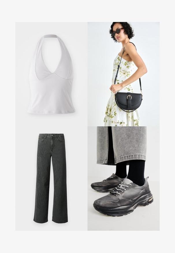 White halter top made from smooth fabric, featuring a deep V-neckline and fitted design, without additional patterns or hardware.; Wide-leg jeans in dark gray denim, featuring a subtle zebra-pattern texture, contrast stitching, and five-pocket design with a button fly.; Black and gray athletic shoes feature a mesh upper, thick soles, and laces. They have a rounded toe and visible cushioning detail.; Black leather handbag with a curved shape, detachable strap, and gold hardware. The bag features a flap with a buckle detail.