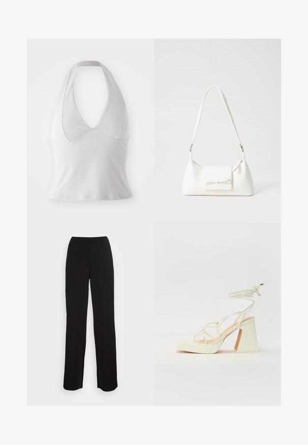 Balts halter top, kas izgatavots no gludas auduma, ar dziļu V-veida kakla izgriezumu un pieguļošu dizainu, bez papildu rakstiem vai detaļām.; Melnas bikses ar taisna kāju dizainu, gludu tekstūru un pieguļošu jostu. Iekļauj priekšējās kabatas un minimālu šuvju detalizāciju.; Baltas augstpapēžu sandales ar masīvu papēdi, ar siksnu dizainu un potītes saistītiem elementiem. Gluda tekstūra ar platformu priekšpusē, lai nodrošinātu papildu augstumu.; Balta sintētiska soma ar trīsstūrveida formu, plakanu priekšējo vāciņu un loku detaļu, regulējamu siksnu, gludu tekstūru un minimālistisku dizainu.