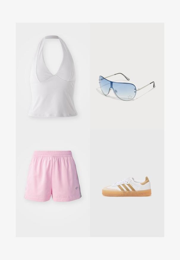Balts halter top, kas izgatavots no gludas auduma, ar dziļu V-veida kakla izgriezumu un pieguļošu dizainu, bez papildu rakstiem vai detaļām.; Rozā sporta šorti ar elastīgu jostasvietu, ar pelēku sloksni sānos un nelielu logotipu priekšā. Izgatavoti no viegla auduma.; Baltie sporta apavi ar beigžu akcentiem, ar trim svītrām, noapaļota purngala daļa un caurspīdīga gumijas zole. Gluda ādas un tekstila materiālu kombinācija.; Pilotstila saulesbrilles ar gradienta zilām lēcām, sudraba metāla rāmjiem un dekoratīvām zvaigžņu akcentiem uz lēcām. Gluda un eleganta dizaina.
