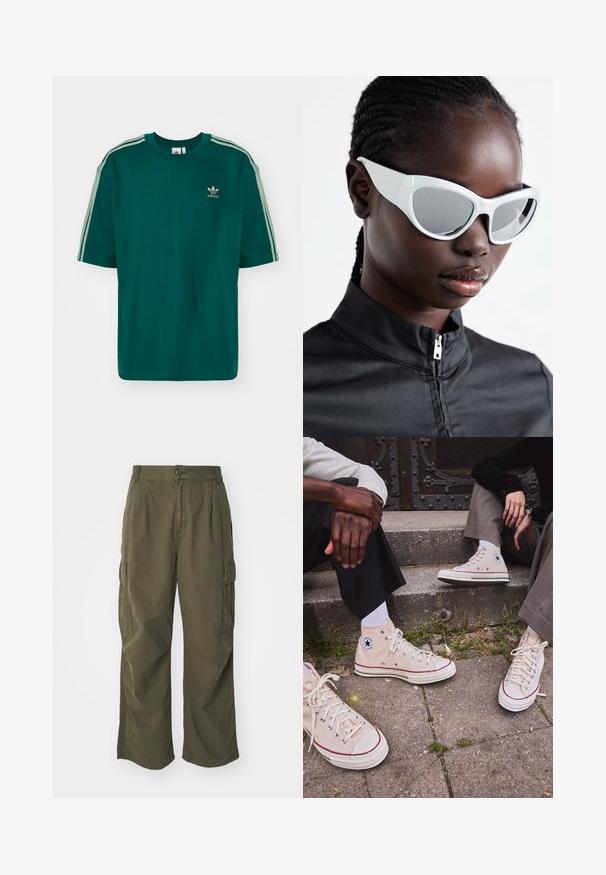 Grön bomullströja med rund hals och korta ärmar. Tre vita ränder längs axlarna. Har en liten logotyp på bröstet.; Cargo-byxor i olivgrön, tillverkade av bomull, med vid bendesign, veck och sidofickor för funktion.; Höga beige kanvas sneakers med röd rand, vit gummisula och metallhål, som har den ikoniska stjärnlogotypen på sidan.; Vita solglasögon med en djärv, överdimensionerad design och spegelglas, med släta plastbågar och markerade kurvor.