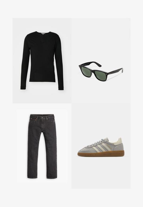 Tiger of Sweden JASPAH - Topper langermet - black; Svarte straight-leg denim jeans med fem lommer, knappelukking og kobbernitter lagt flatt på en hvit bakgrunn.; Grå semskede sneakers med lysegrå læderstriber og en gummi sål. Funktioner inkluderer snørebåndslukning og diskret branding på tungen.; Sorte plast-solbriller med grønne linser, firkantede rammer, sølvdetalje på brynene, og teksturerte stangarmen. Angitt merke på indre arm.