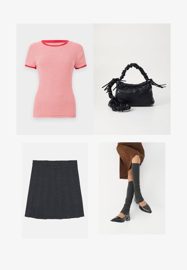 Červené a bílé pruhované tričko s krátkým rukávem, kulatým vroubkovaným výstřihem a kontrastním červeným lemem na rukávech a límci. Texturovaná tkanina.; Tmavě šedá plisovaná sukně s elastickým pasem, vyrobená z texturované látky a s klasickým A-čkovým střihem. Vhodná pro každodenní nošení.; Černé lakované boty s špičatou špičkou, blokovým podpatkem a kotníkovým páskem, spárované s šedými žebrovanými návleky na nohy a hnědskou sukní z semiše.; Černá kabelka z umělé kůže s krokodýlím vzorem, staženým vrškem a zmačkaným popruhem. Zdá se, že má měkký a kompaktní design.