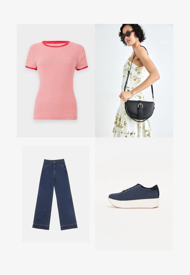 Rødt og hvidt stribet t-shirt med korte ærmer, en rund ribbet halsudskæring og kontrastfarvet rød kant på ærmerne og kraven. Tekstureret stof.; Vidde bukser i mørkeblå denim. Har fem lommer, bæltestropper og en rå kant nederst med synlige stikninger.; Mørkeblå sneakers med en struktureret stofoverdel, hvid platformssål, rund tå og sort hælakkent. Har seks snøreøjer til snørebånd.; Sort læderhåndtaske med en buet form, aftagelig rem og guldfinish. Tasken har en klap med en spænde detalje.