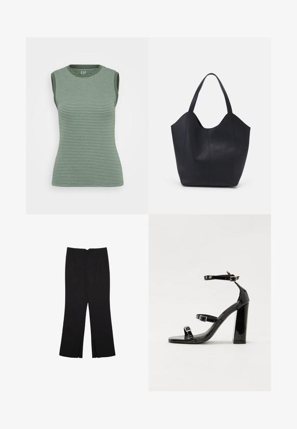 Bezramiączkowy zielony top o żeberkowanej strukturze, z ciemnozielonymi akcentami na krawędziach. Posiada okrągły dekolt oraz dopasowany krój.; Czarne spodnie o prostym kroju, z przednimi kieszeniami i bocznymi rozcięciami na dole. Wykonane z miękkiego, gładkiego materiału. Odpowiednie na różne okazje.; Czarne lakierowane sandały na obcasie z kwadratowym noskiem, z paskami wokół kostki i srebrnymi klamrami. Posiadają masywny słupek dla stabilności.; Czarna torba na ramię wykonana z gładkiej skóry, z zaokrąglonym, otwartym topem i dwoma paskami na ramię oraz minimalistycznym designem.