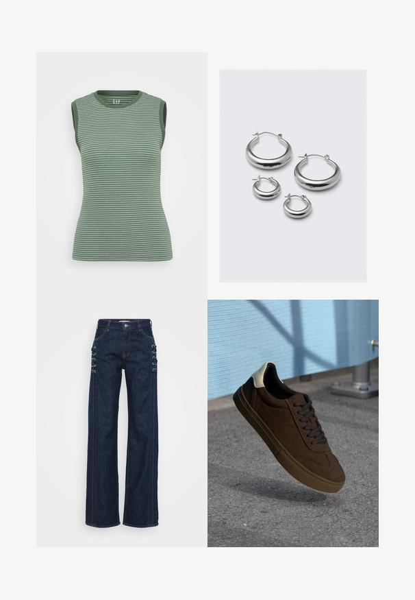 Mouwloze groene ribbed tanktop met donkergroene accenten op de randen. Heeft een ronde hals en een aansluitende silhouet.; Donkerblauwe denim wijde pijpen jeans met veters op de zijkanten, contrasterende oranje stiksels en een klassiek vijf-pocket ontwerp.; Bruine suède lage sneakers met zwarte veters, voorzien van een witte hielcap en textuurdetails in de stiksels. Rubberen zool.; Vier paar zilveren hoepel oorbellen in verschillende maten: grote, gladde cirkels en kleinere ronde stijlen met een gepolijste afwerking en eenvoudige sluitingen.