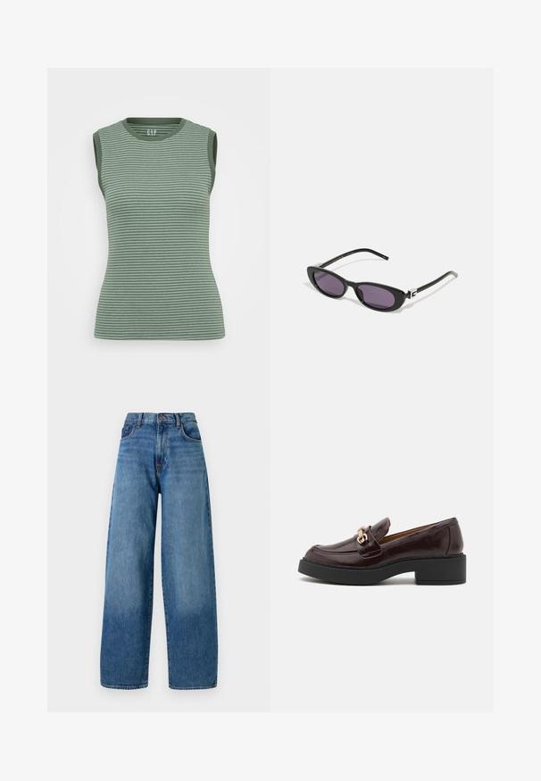 Bezramiączkowy zielony top o żeberkowanej strukturze, z ciemnozielonymi akcentami na krawędziach. Posiada okrągły dekolt oraz dopasowany krój.; Szerokie niebieskie dżinsy z klasycznym pięciopocketowym krojem. Posiadają zapięcie na guzik oraz jasne spłukania, które dodają tekstury.; Brązowe skórzane mokasyny z złotym akcentem w postaci klamry, czarnym blokowym obcasem i gładką teksturą. Widok z boku ukazuje zaokrąglony czubek oraz przeszycia.; Gucci - Okulary przeciwsłoneczne; Torebka na ramię z brązowej i kremowej skóry bydlęcej, z gładkim skórzanym paskiem, zamknięciem na zamek oraz miękką, teksturowaną powierzchnią o naturalnym wzorze.