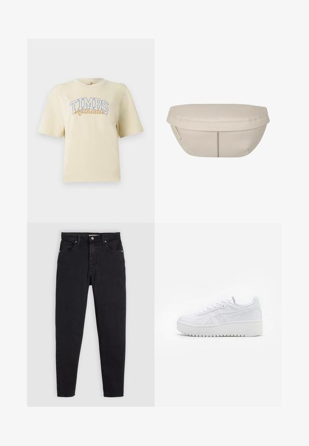 Kreemi lyhythihainen t-paita, jossa on sinisellä ja kultaisella kirjoitettu "TIMBS Authentic". Valmistettu pehmeästä puuvillasta ja rento malli.; Mustat slim-fit-farkut, joissa on nappi- ja vetoketjukiinnitys, viisi taskua ja vyölenkit vaaleanharmaalla taustalla.; Valkoiset platofom-nikeet, joissa on sileä nahkapinta, reikiin leikattu yksityiskohta ja litteät nauhat; paksu valkoinen kumipohja.; Beige kangaskotelo, jolla on pyöreä muoto, litteä yläosa ja hienovaraisia sauman yksityiskohtia. Mukana minimaalinen logo ja sivuhihna.