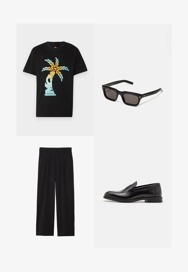 Juodas trumpas rankovėmis marškinėliai su spalvingu atvaizdu, vaizduojančiu palmę ir žodį "MOM" stilizuotu šriftu, su mėlynomis ir geltonomis akcentais.; Juodos platėjančios kelnės su pločiu priekiniu raukiniu, šoninėmis kišenėmis ir lygiu audiniu. Sukurtos patogiam prigludimui.; Juodos odinės loafers, turinčios lygų paviršių, apvalią noselę ir dekoratyvinę juostą per priekinę dalį. Žemas krentantis kulnas, minimalistinis dizainas.; Juodos stačiakampės akinių nuo saulės su tamsiais objektyvais, storu plastiko rėmu, auksinėmis detalėmis ant šventyklų ir prekės ženklo logotipu išgraviruotu ant šono.; Juodas odinis kryžminis krepšys su sklendės uždarymu, sidabro spalvos detalėmis ir dviem apvaliais akcentais. Yra nusiimamas diržas. Lygus paviršius.
