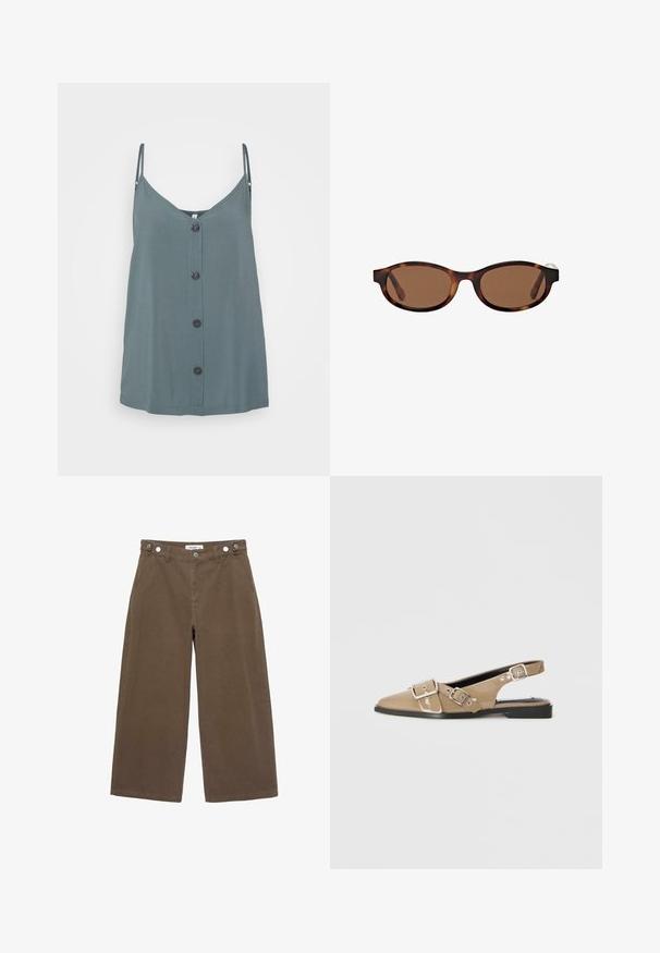 Szałwiowa kamizelka na cienkich ramiączkach z dekoltem w kształcie litery V oraz czarnymi guzikami z przodu. Wykonana z gładkiego, lekkiego materiału.; Brązowa koszula w kratę z guzikami, zapinana jak kurtka, z dwiema przednimi kieszeniami na guziki na piersi i małą naszywką z logo na prawej kieszeni.; Brązowe spodnie typu wide-leg wykonane z trwałej tkaniny. Posiadają dwie przednie kieszenie, zapięcie na guzik oraz luźny krój z gładką fakturą.; Beżowe lakierowane buty na obcasie typu slingback z wydłużonym noskiem, dwoma regulowanymi klamrami i niskim czarnym obcasem. Gładka tekstura z błyszczącym wykończeniem.; Brązowe okulary przeciwsłoneczne z owalnymi oprawkami, z wzorem w musztardowe cętki i szerokimi ramionami. Gładka tekstura i subtelny detal logo z boku.; Ciemnozielona zamszowa torebka crossbody z zamknięciem na suwak, płaskim kształcie, regulowanym paskiem z perforacjami oraz gładką, matową powierzchnią.