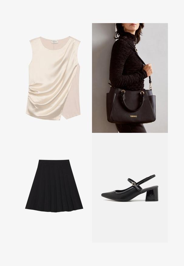 Bezrukávový top z krémového saténu s drapovaným dizajnom, ktorý má jemnú textúru a kontrastný panel v svetlejšom odtieni na strane.; Čierna plisovaná sukňa vyrobená z textúrovanej látky s priliehavým pásom. Padá do dĺžky po kolená a má hladký, čistý siluetu.; Čierne lakované kožené lodičky so slingback dizajnom, špicatou špičkou, zaobleným výrezom a blokovým podpätkom. Obsahuje akcent zlatého tónu s prackou.; Čierna kabelka s textúrovaným povrchom, dvojitými hornými rúčkami a nastaviteľným ramenným popruhom. Obsahuje zlaté kovanie a bočné vrecká.