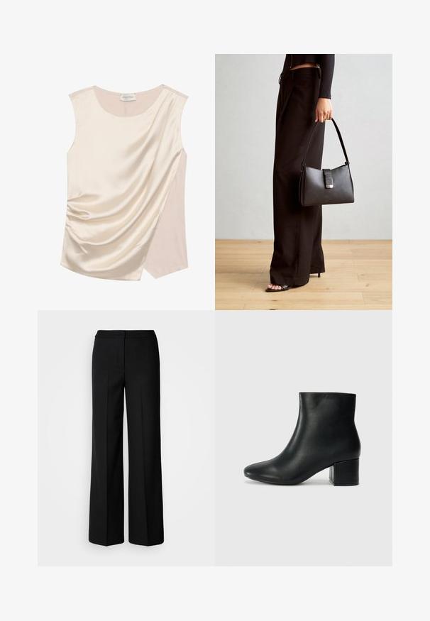 Sleeveless top in cream satin with draped design, featuring a smooth texture and a contrasting panel in a lighter shade on the side.; Black wide-leg trousers with a smooth fabric, featuring a high waist, tailored seams, and a minimalist design. No visible hardware or pockets.; Black leather ankle boots with a pointed toe and a chunky heel. Smooth texture with minimal accents and a sleek, fitted design.; Black handbag with structured shape, smooth texture, and a metallic clasp. Paired with wide black pants and open-toe sandals on wooden floor.
