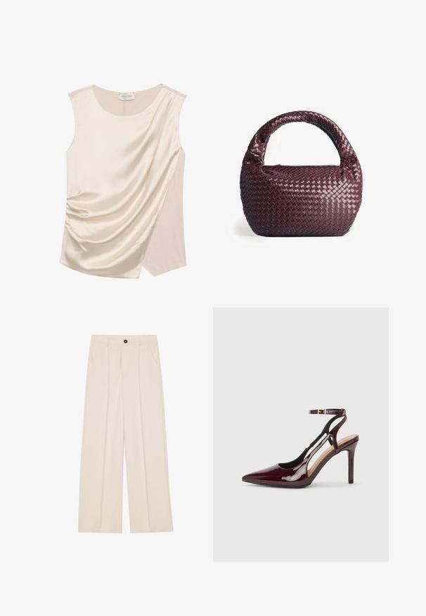 Sømløs top i creme satin med draperet design, der har en glat tekstur og et kontrasterende panel i en lysere nuance på siden.; Højdefinerede, vidde bukser i cremefarvet stof, med to sidelommer, en enkelt frontknap og frontfolder for ekstra detaljer.; Bordeaux patentlæder højhælede sko med spids tå, ankelrem og udskæringsdetaljer på siderne. Slank og glat finish.; Vævet burgunder håndtaske med en rund form, tyk hank og struktureret læder. Har en glat, blank overflade og lynlåslukning.