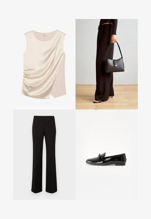 Sleeveless top in cream satin with draped design, featuring a smooth texture and a contrasting panel in a lighter shade on the side.; Black tailored straight-leg trousers with a high waist and front pleats, displayed against a plain background.; Black patent leather loafer with a flat sole, rounded toe, and a decorative strap featuring a gold-tone accent. Smooth, shiny finish.; Black handbag with structured shape, smooth texture, and a metallic clasp. Paired with wide black pants and open-toe sandals on wooden floor.