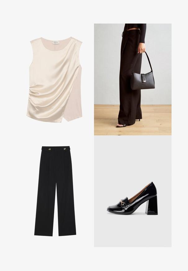 Hedvábný top bez rukávů v krémové barvě s drapovaným designem, který má hladkou texturu a kontrastní panel na boku v světlejším odstínu.; Černé široké kalhoty s vysokým pasem, detailní knoflíky na pase a přední záhyby.; Černý lakovaný kožený dámský vysoký podpatek s špičatou špičkou a blokovým podpatkem. Obsahuje dekorativní pásek a detail s přezkou na nártu.; Černá kabelka se strukturovaným tvarem, hladkým povrchem a kovovým uzávěrem. Kombinována s širokými černými kalhotami a sandály s otevřenou špičkou na dřevěné podlaze.