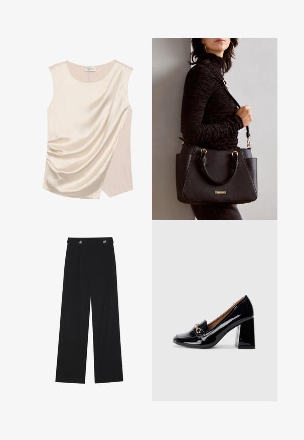 Sømløs top i creme satin med draperet design, der har en glat tekstur og et kontrasterende panel i en lysere nuance på siden.; Sorte vide bukser med høj talje, knapdetaljer på taljebåndet og frontfald.; Sort patenteret læder højhælede sko med spids tå og blokhæl. Har en dekorativ rem og spænde detail på vamps.; Sort håndtaske med struktureret overflade, dobbelt topbærere og justerbar skulderrem. Udstyret med guldfarvet metalhardware og sidelommer.