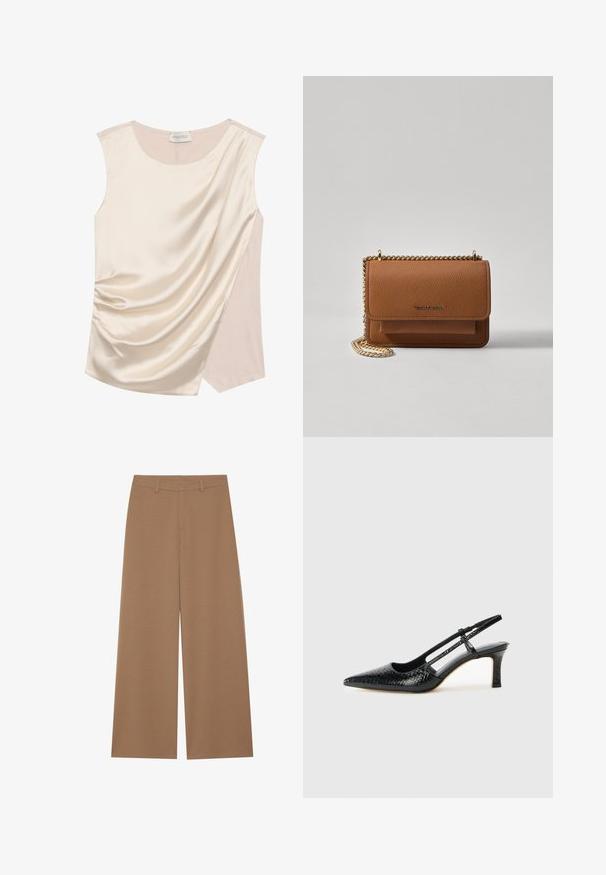 Ärmlös topp i krämfärgad satin med draperad design, som har en mjuk textur och en kontrasterande panel i en ljusare nyans på sidan.; Vidbenade byxor i en enhetlig brun färg, tillverkade av ett texturerat tyg; har hög midja och en strukturerad design med bältesömmar.; Svart lackskin slingback-häl med spetsig tå, med texturerad ormskinnsprint, justerbar rem och en kort, texturerad blockklack.; Brun texturerad läder crossbody-väska med guldkedja och klaffstängning. Framsidan har logotypdetalj och en ficka under klaffen.