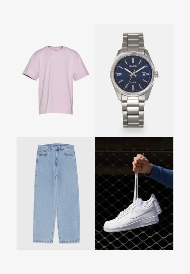 Lila īsām piedurknēm t-krekls no kokvilnas, ar baltu logotipu uz krūtīm, ar brīvu piegriezumu un apaļu izgriezumu.; Gai zila džinsu bikses ar taisnu kāju dizainu, kas piedāvā vidēju vidukļa augstumu, piecas kabatas un pogas un rāvējslēdzēja aizdari.; Baltas ādas sporta apavi ar perforācijām, apaļu purngali, plakanu zoli un biezām šņorēm, ar redzamu swoosh logo un vārdu "AIR" uz papēža.; Sudraba nerūsējošā tērauda rokas pulkstenis ar tumši zilu ciparnīcu, metalizētiem stundu rādītājiem un datuma logu pie pulksten 3. Ūdensizturīgs līdz 50 metriem.